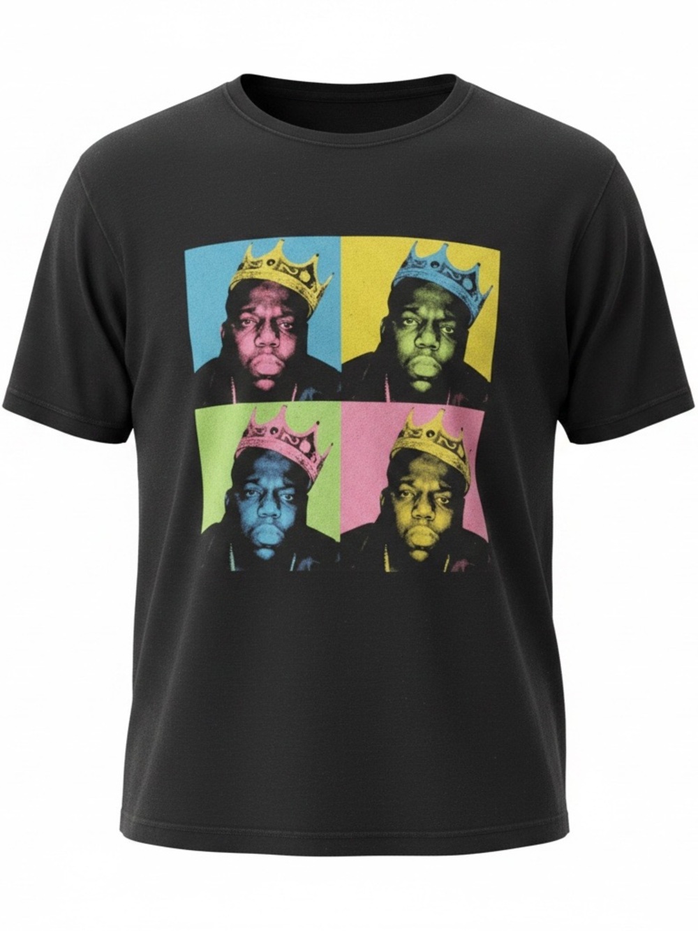 Black Short-Sleeve Graphic Tee with Multicolor Pop Portrait